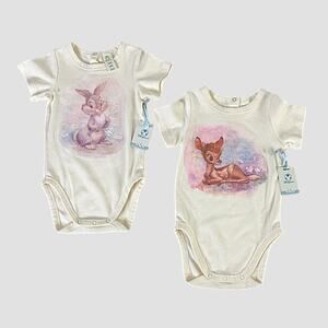 Disney Set of 2 Retro Bambi Thumper Water Color Style Onesie Sz 18 Months